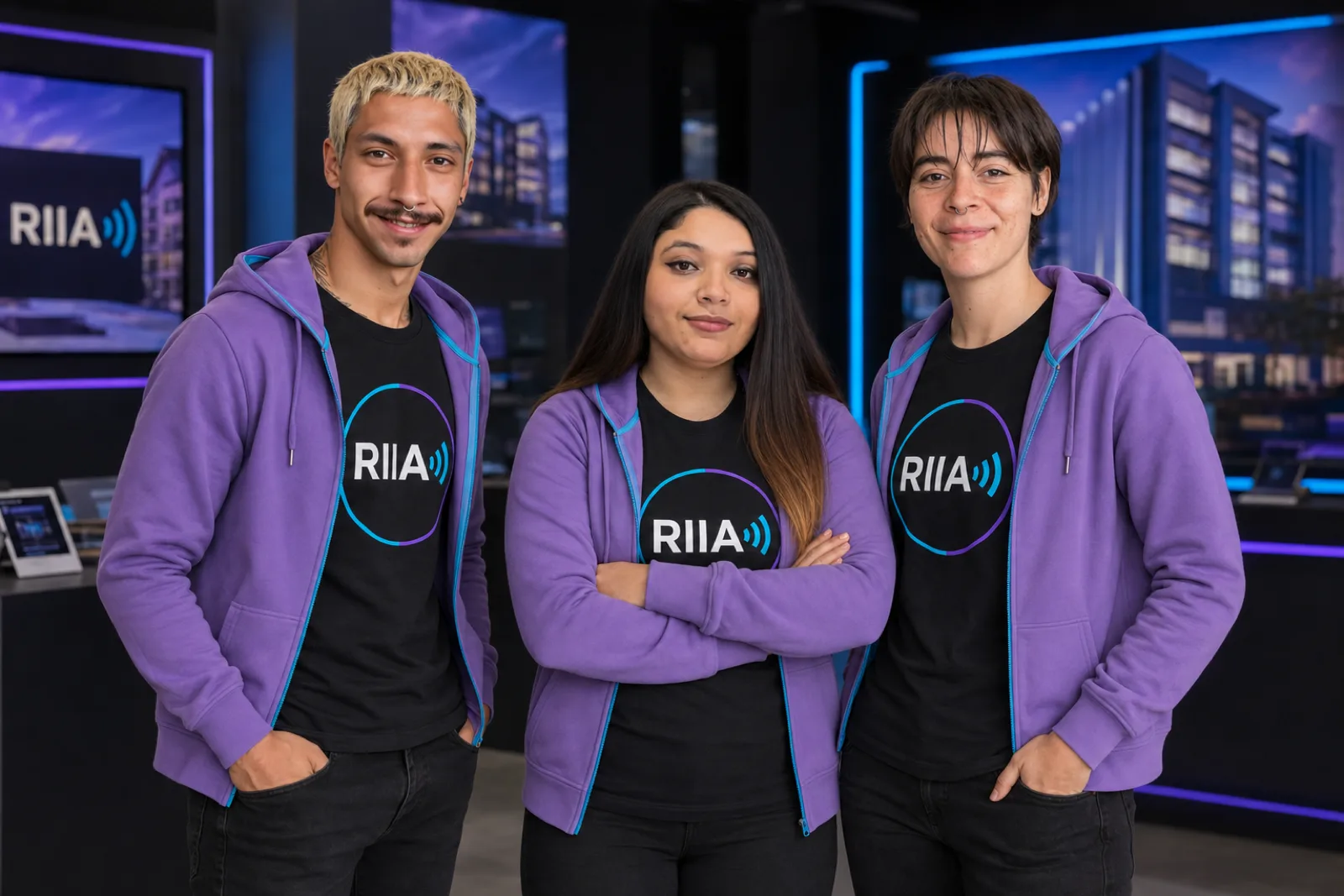 Equipo de RIIA en un espacio de trabajo con pantallas de proyectos inmobiliarios.